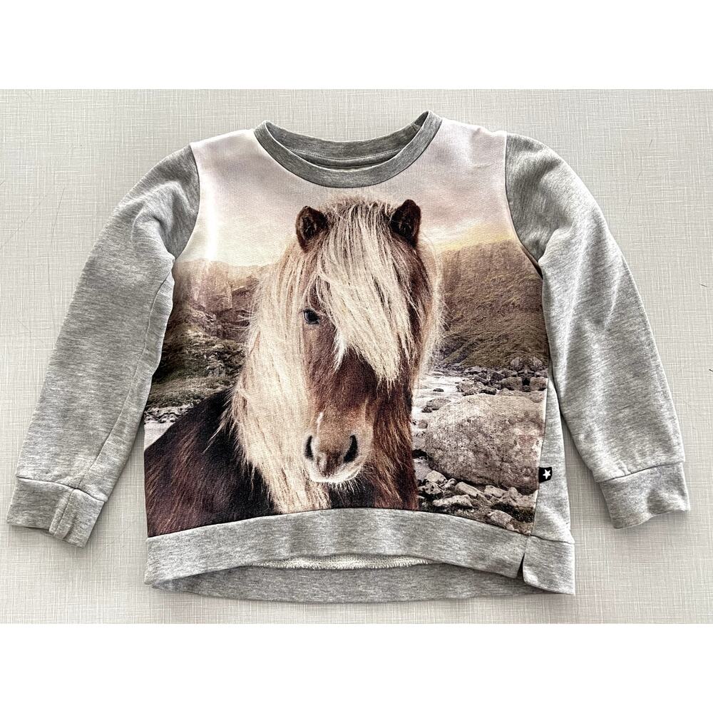 Molo Sz 3-4 Horse Crewneck Sweatshirt Gray Cotton Play School Graphic Unique